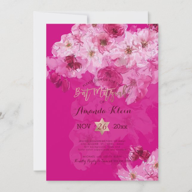 PixDezines Floral Watercolor Bat Mitzvah Invitation (Front)