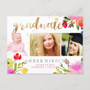 PixDezines Floral Watercolor Graduate photos Announcement Postcard