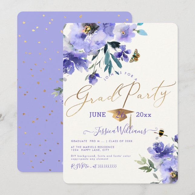 PixDezines Floral Watercolor Graduation Party Invitation (Front/Back)