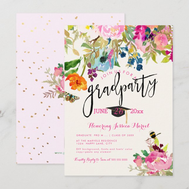 PixDezines Floral Watercolor Graduation Party Invitation (Front/Back)