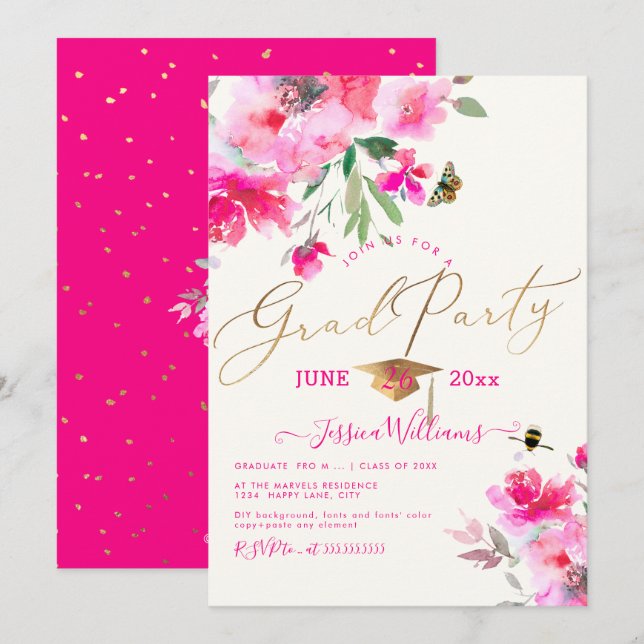 PixDezines Floral Watercolor Graduation Party Invitation (Front/Back)