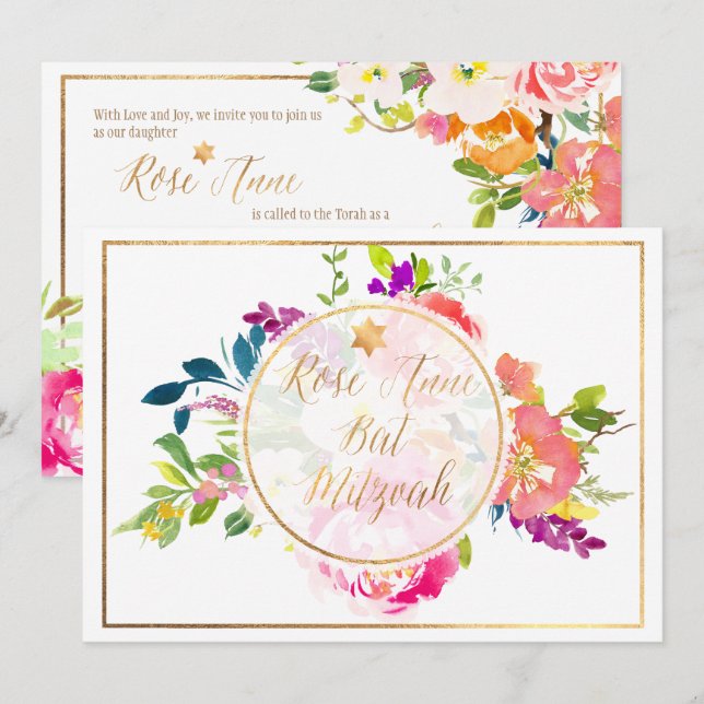 PixDezines Floral Watercolor/Peonies/Bat Mitzvah Invitation (Front/Back)