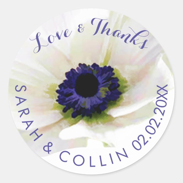 PixDezines floral/white anemones/purple Classic Round Sticker (Front)