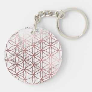 PixDezines Flower of Life / Faux Rose Gold+Marble Keychain