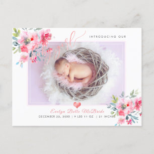 PixDezines Flowers+Baby Girl, Faux Foil Script Announcement Postcard