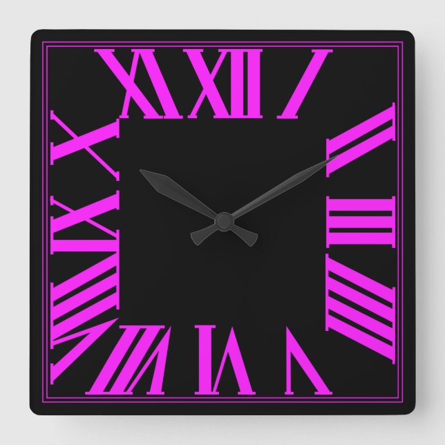 PixDezines Fluorescent Pink Roman Numeros Square Wall Clock (Front)