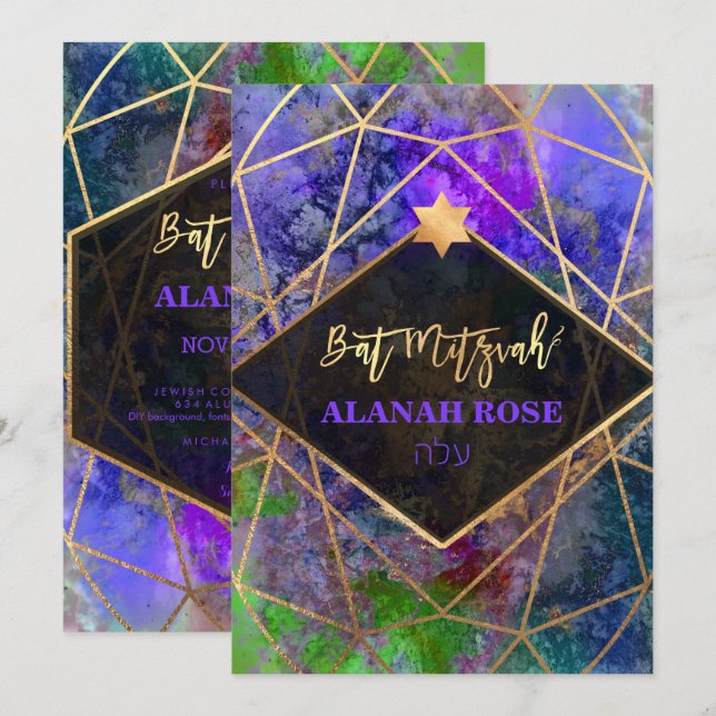 PixDezines Galaxy Abstract Geometric Bat Mitzvah Invitation (Front/Back)