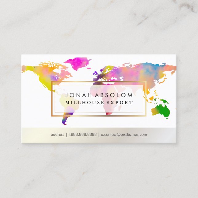PixDezines going global/watercolor word map Business Card (Front)