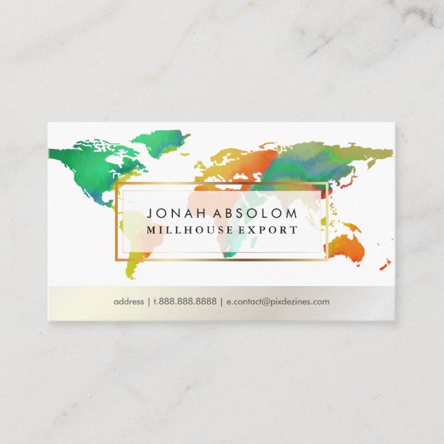PixDezines going global/watercolor word map Business Card (Front)