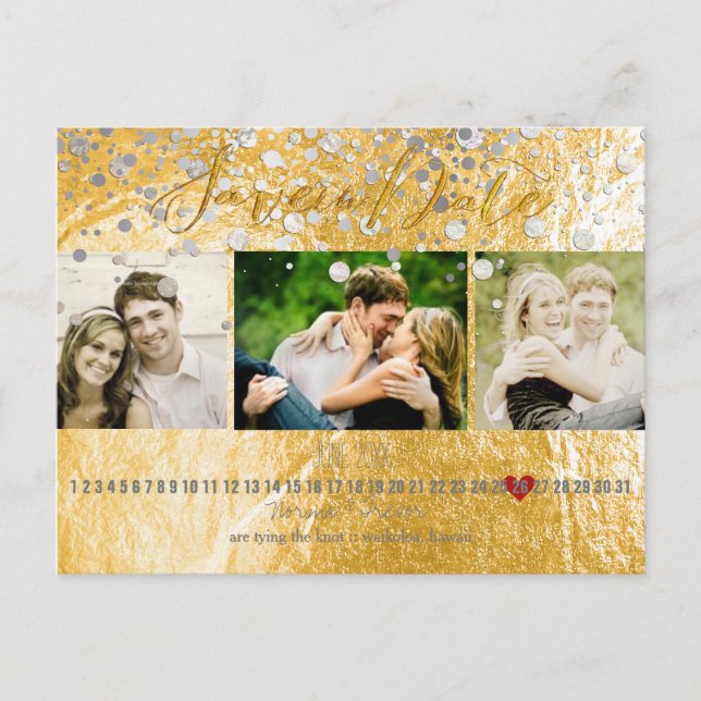 PixDezines gold/faux foil/photos save the date Announcement Postcard (Front)