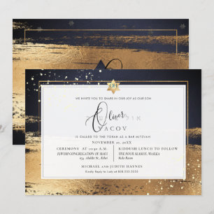PixDezines GRAPHITE GREY GOLD BRUSHSTROKE Mitzvah Invitation