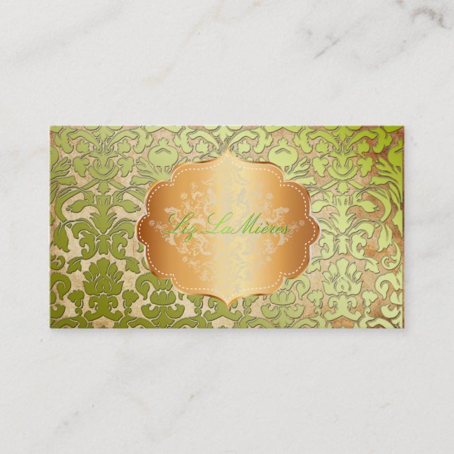 PixDezines green flora damask/faux parchment Business Card (Front)