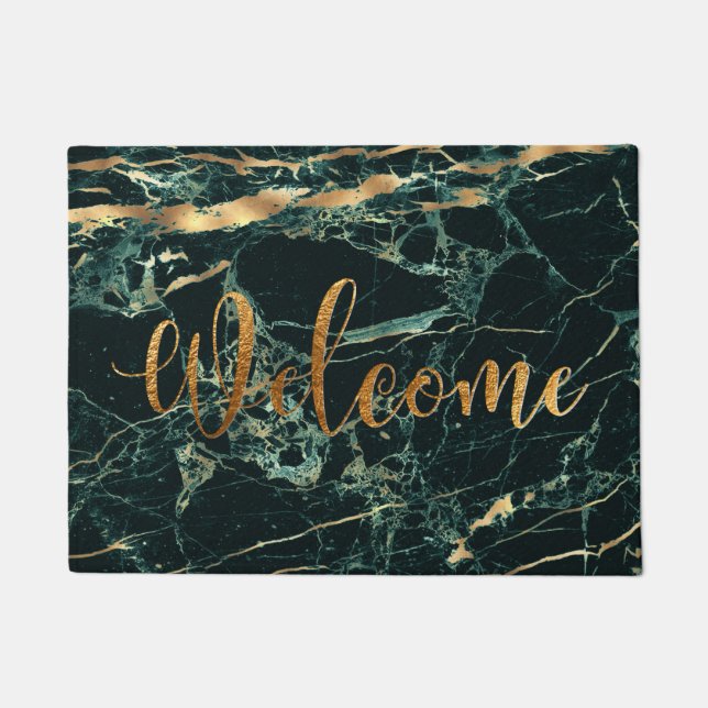 PixDezines GREEN MARBLE FAUX GOLD VEINS, WELCOME Doormat (Front)