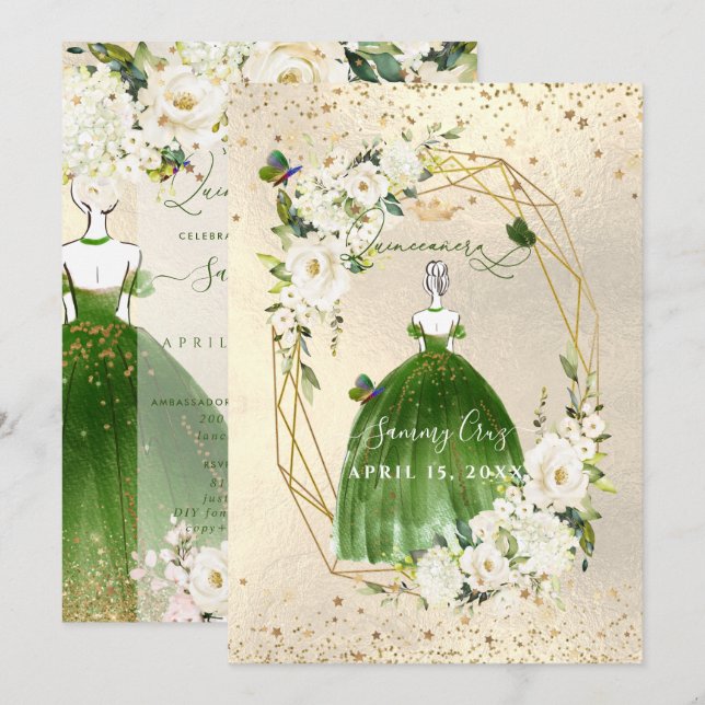 PixDezines Green Quinceanera H2 Alabaster Roses  Invitation (Front/Back)