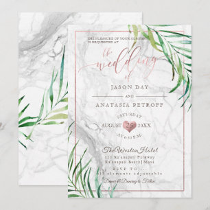 PixDezines Greenery Palms+Marble+Rose Gold Heart Invitation