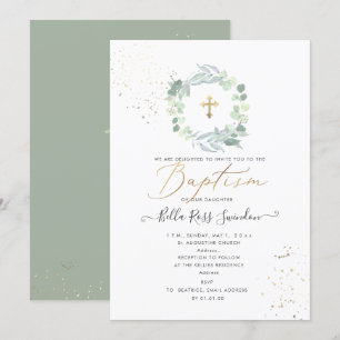 PixDezines Greenery Watercolor Eucalyptus Baptism Invitation