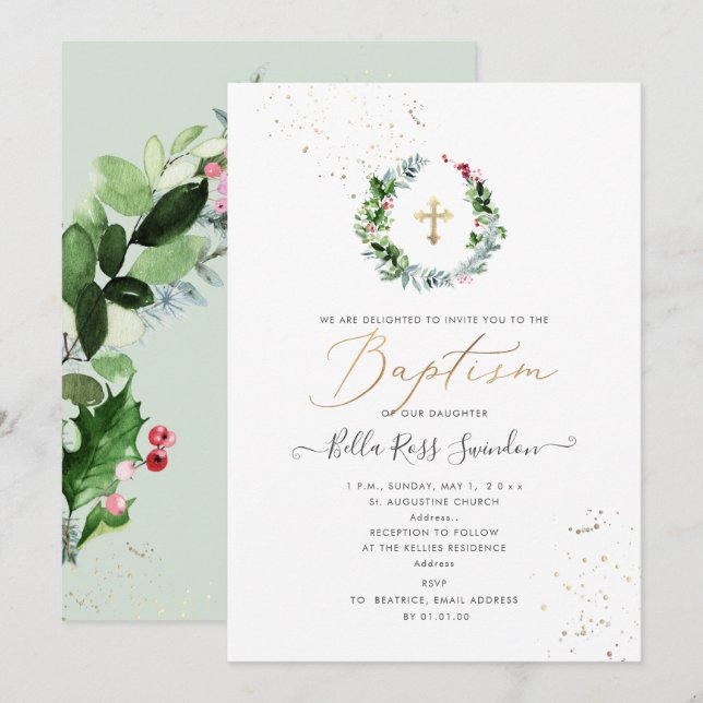 PixDezines Greenery Watercolor Winter Wreath Invitation (Front/Back)