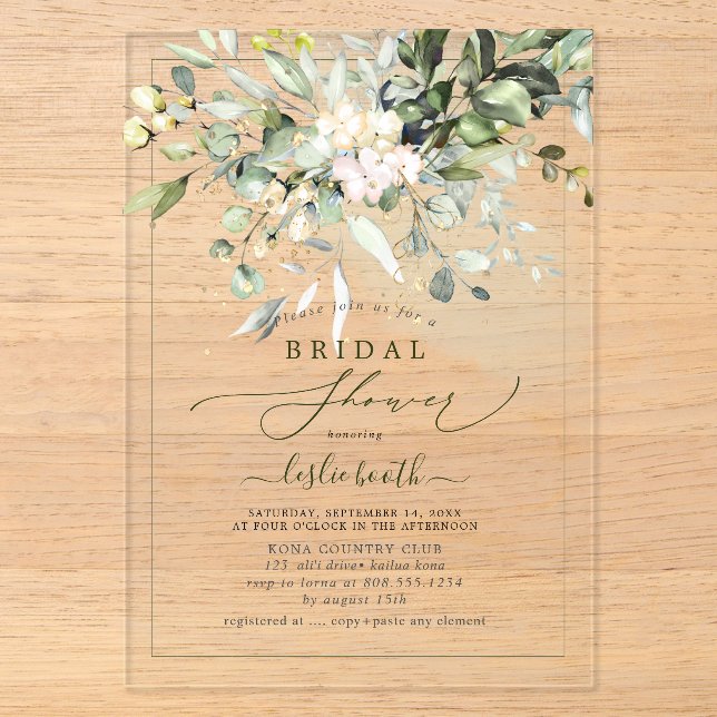 PixDezines Gum Eucalyptus Bridal Shower Acrylic Invitations (Front)