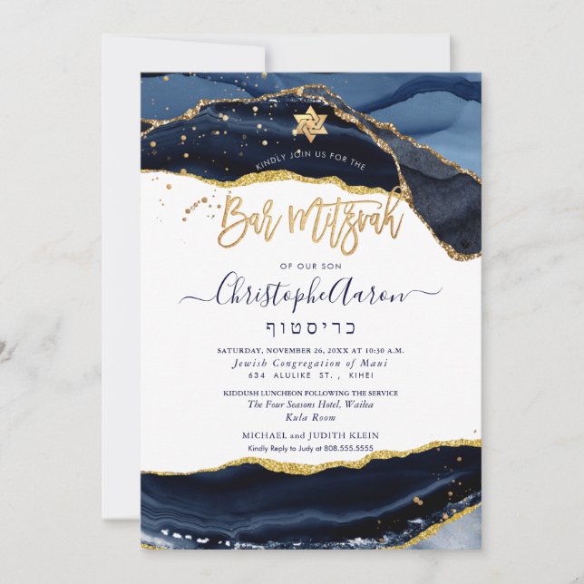 PixDezines H2 Agate, Midnight Blue Gold Invitation (Front)