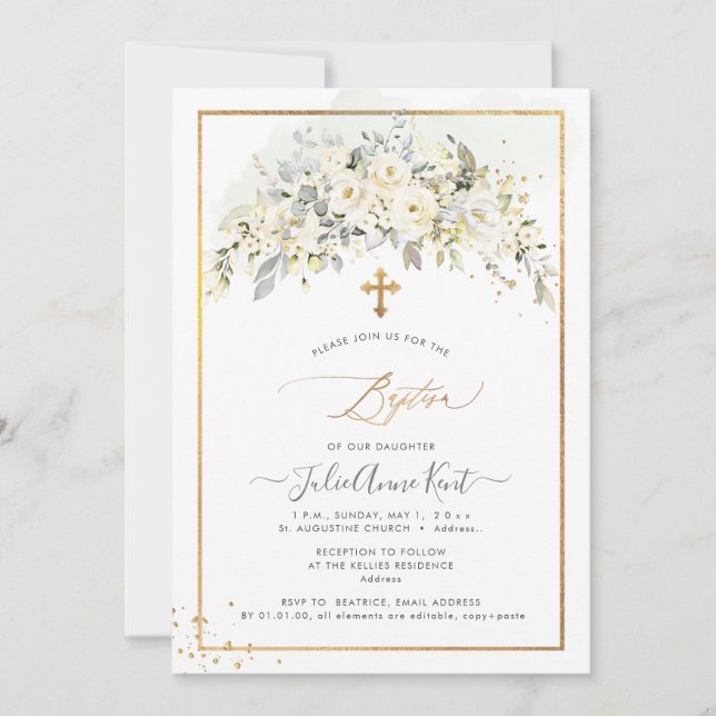 PixDezines H2 Alabaster Roses Baptism Invitation (Front)