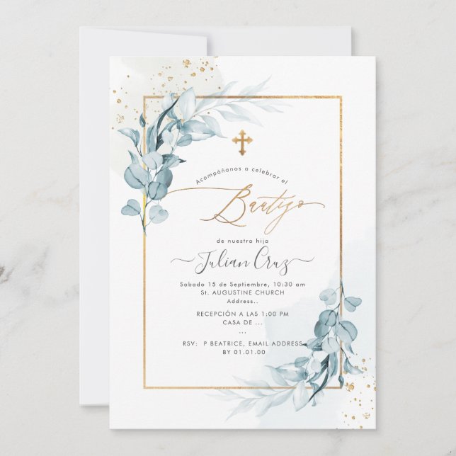 PixDezines H2 Blue Gum Eucalyptus Bautizo Invitation (Front)