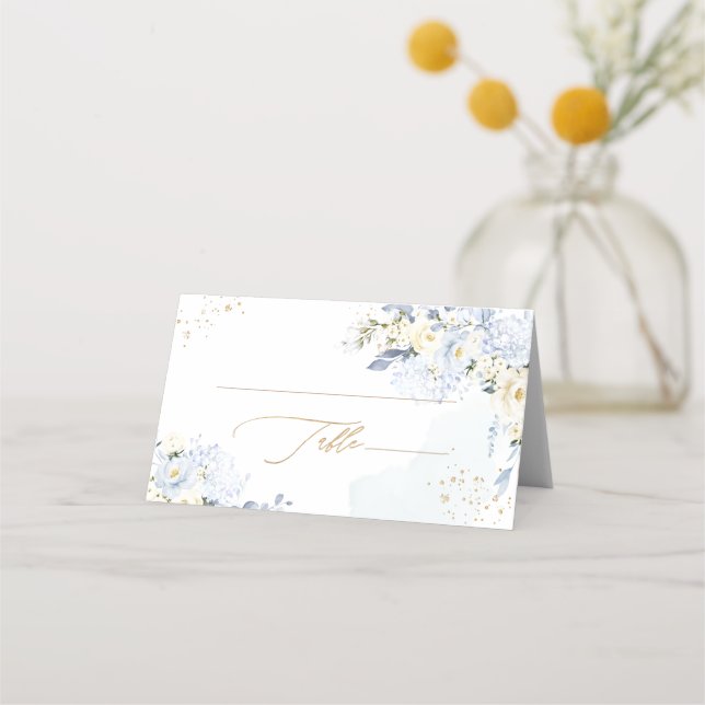 PixDezines H2 Blue Hydrangeas Alabaster Roses Place Card (Front)