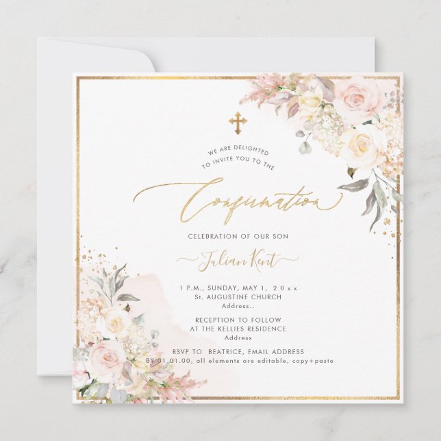 PixDezines H2 Blush Cream Roses Confirmation Invitation (Front)