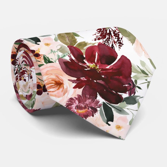PixDezines H2 Blush Pink Burgundy Flowers  Tie (Rolled)