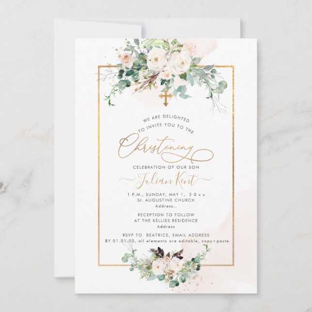PixDezines H2 Blush Roses Christening Invitation (Front)