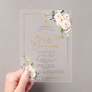 PixDezines H2 Blush Roses First Holy Communion  In Acrylic Invitations