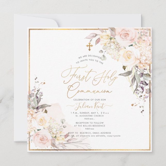 PixDezines H2 Blush Roses First Holy Communion Invitation (Front)