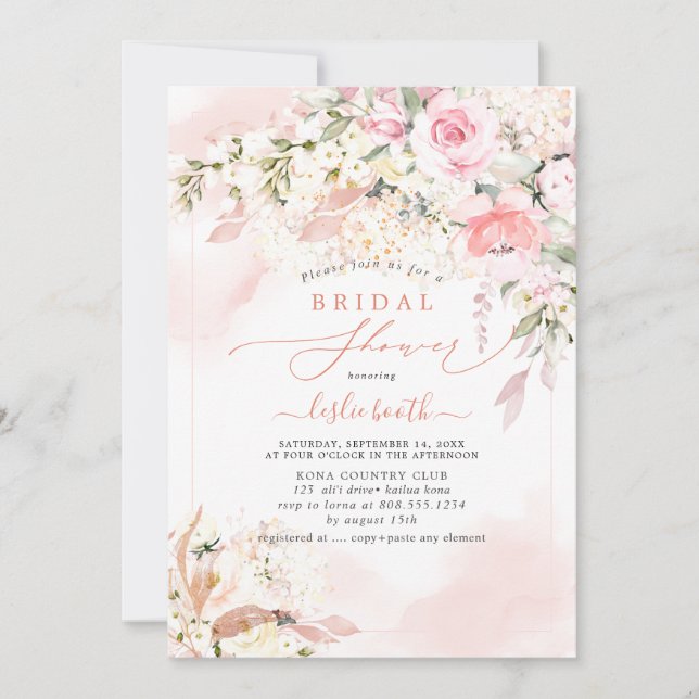 PixDezines H2 Blush Roses Hydrangea Bridal Shower Invitation (Front)