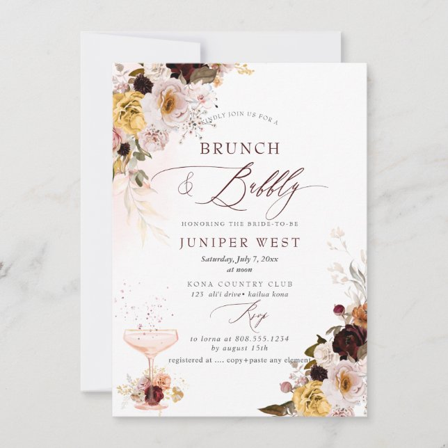 PixDezines H2 Boho Fall Flowers Brunch Bubbly  Save The Date (Front)