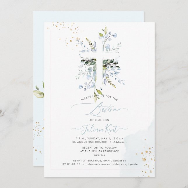 PixDezines H2 Dusty Blue Eucalyptus Batismo Invitation (Front/Back)
