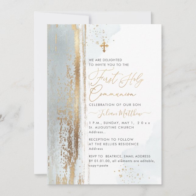 PixDezines H2 Dusty Blue First Holy Communion Invitation (Front)