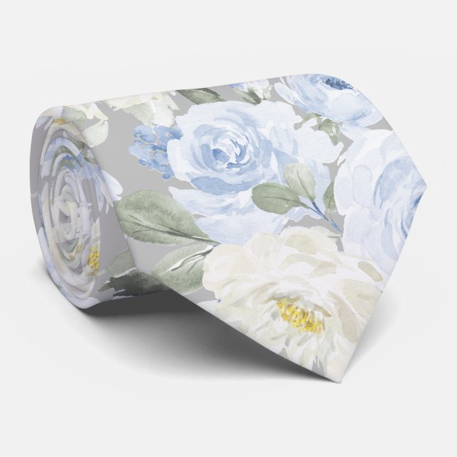 PixDezines H2 Dusty Blue Roses Tie (Rolled)