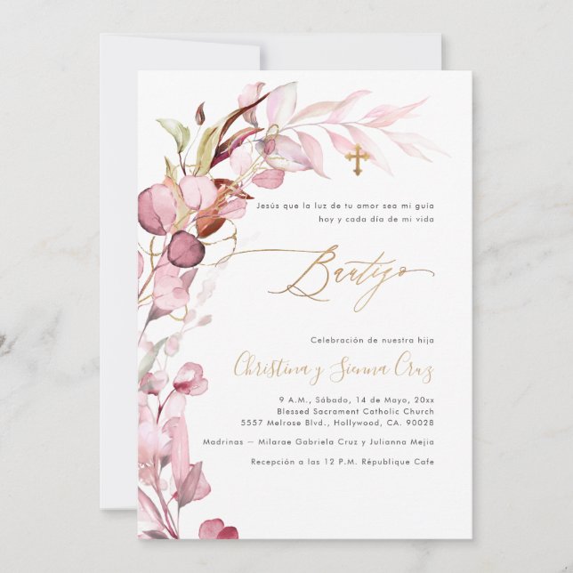 PixDezines H2 Dusty Blush Gum Eucalyptus Bautizo Invitation (Front)