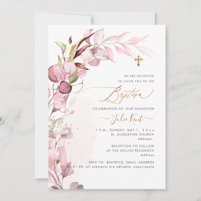PixDezines H2 Dusty Blush Gum Foliage Baptism Invitation (Front)