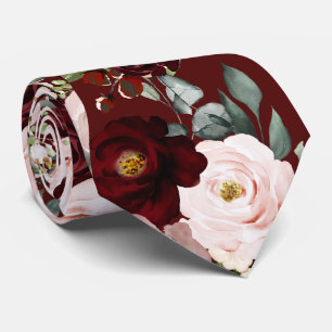 PixDezines H2 Dusty Pink Blush Burgundy Flowers Ne Tie