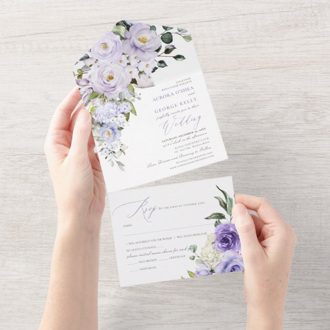 PixDezines H2 Dusty Purple  Roses Hydrangea All In One Invitation (Tearaway)