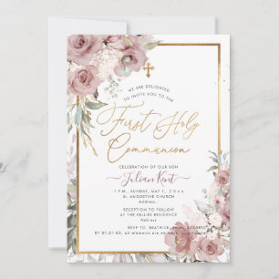 PixDezines H2 Dusty Rose First Holy Communion Invitation