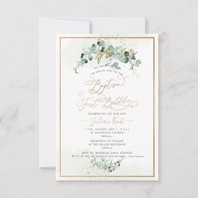 PixDezines H2 Eucalyptus Baptism First Birthday In Invitation (Front)