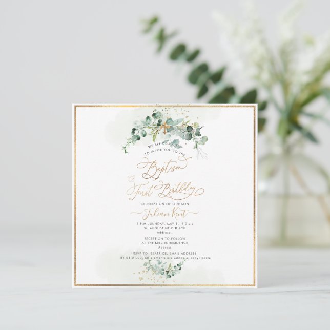 PixDezines H2 Eucalyptus Baptism First Birthday Invitation (Standing Front)
