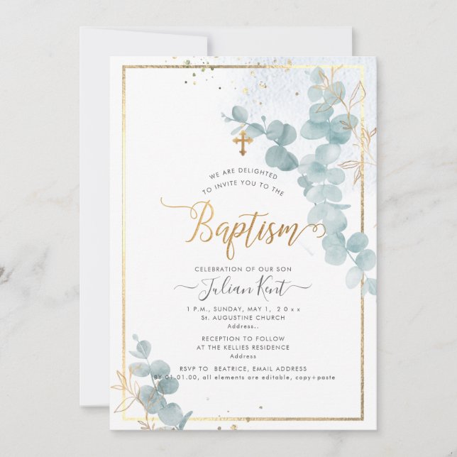 PixDezines H2 Eucalyptus Baptism  Invitation (Front)