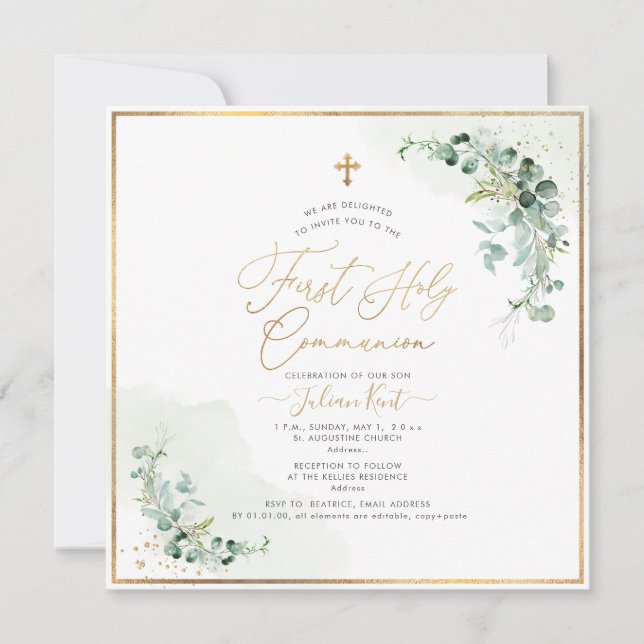PixDezines H2 Eucalyptus First Holy Communion Invitation (Front)