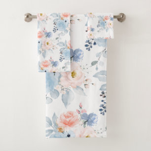 PixDezines H2 Flowers Blush Dusty Blue Bath Towel Set