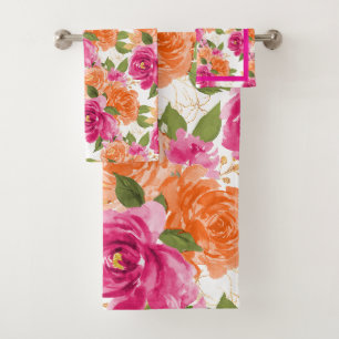 PixDezines H2 Flowers Orange Hot Pink Roses   Bath Towel Set