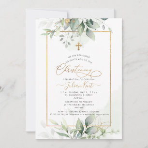 PixDezines H2 Green Gold Eucalyptus Christening Invitation