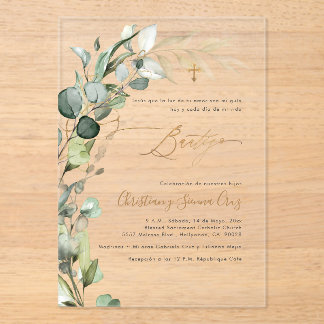 PixDezines H2 Greenery Gum Foliage Bautizo Acrylic Invitations