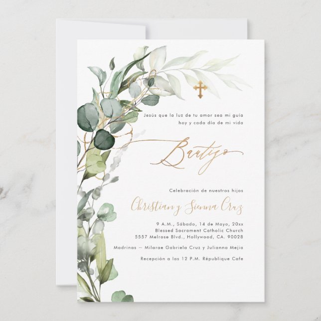 PixDezines H2 Greenery Gum Foliage Bautizo Invitation (Front)